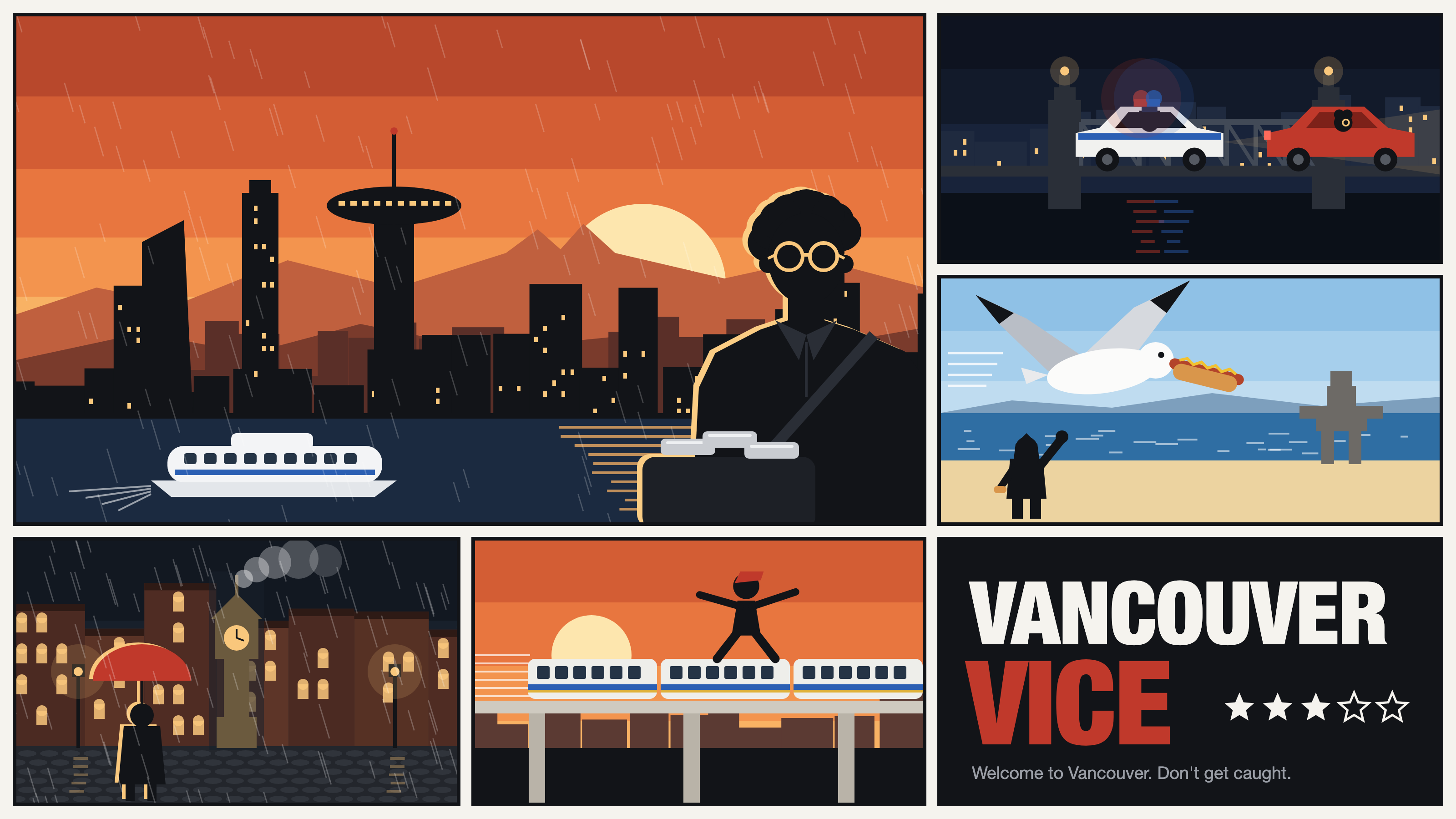 Vancouver Vice key art: Harbour Centre at sunset, a Burrard Bridge cop chase, a seagull hot dog heist at English Bay, the Gastown steam clock, SkyTrain surfing